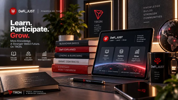 A promotional banner for DeFi_JUST powered by TRON with the text 'Learn. Participate. Grow. More Knowledge. A Stronger Web3 Future. On TRON,' showing books on blockchain topics and a tablet with educational content.