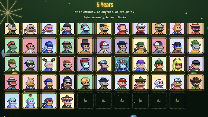 A pixel-art tribute celebrating '5 Years' of community, culture, and evolution with the tagline 'Reject Humanity, Return to Monke,' featuring a grid of diverse monkey character portraits with several empty slots at the bottom.