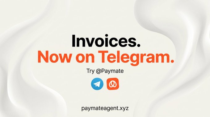 An advertisement on a white background reads 'Invoices. Now on Telegram. Try @Paymate' with Telegram icons and 'paymateagent.xyz' displayed below.
