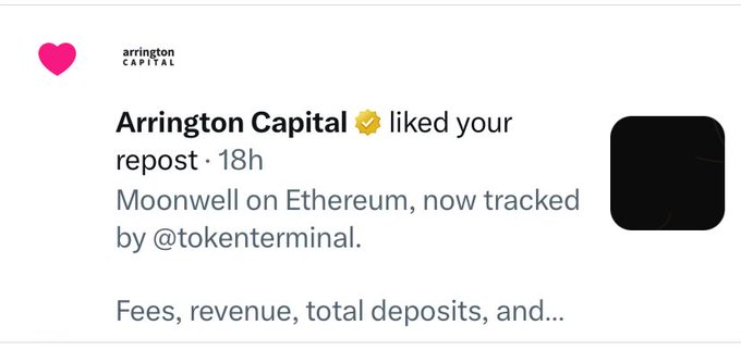 A screenshot of a twitter post by @ArringtonCapital liking your post regarding cryptocurrency named @MoonwellDeFi. The post states that @MoonwellDeFi is now tracked by $tokenterminal and has $total deposits, $repositories, and $fees listed as its revenue and total deposits.