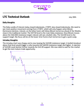 A document titled 'LTC Technical Outlook' dated July 30th from CryptoNinja, analyzing Litecoin's price action with sections on Daily and Intraday thoughts, and displaying a candlestick chart showing a downward trend.
