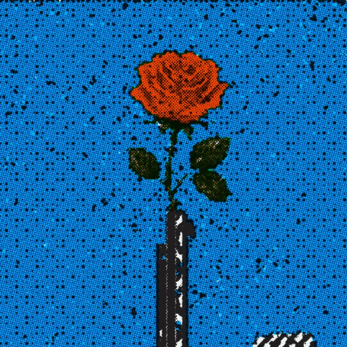 Pixel art style image showing a red rose with green leaves and stem against a blue speckled background, with what appears to be a dark mechanical or gun-like object below the flower.