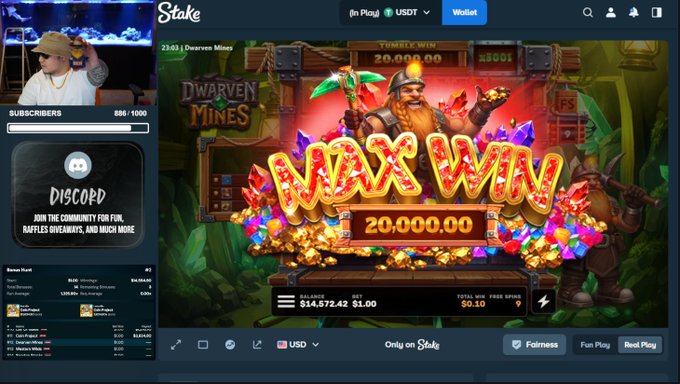 A streamer celebrates a "20,000.00" max win on the slot game "Dwarven Mines" at Stake casino, shown alongside the streamer's webcam and a Discord community promo. The image aligns with the post's boast about CreativeCityWin hitting a max win during a bonus hunt on Stake.