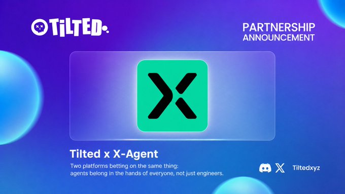 A partnership announcement graphic featuring the Tilted and X-Agent logos on a blue and purple gradient background, promoting their collaboration to make AI agents accessible to everyone beyond just engineers, with the tagline "Two platforms betting on the same thing: agents belong in the hands of everyone, not just engineers."