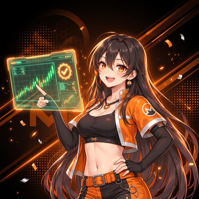 An anime-style illustration of a brunette girl with orange eyes wearing an orange and black outfit, pointing at a holographic display showing a green trading chart with a verified checkmark icon.