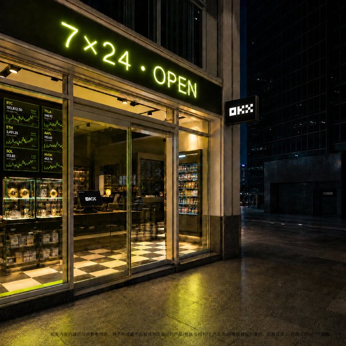 Nighttime photo of a crypto/currency exchange storefront named 'OKX' with a green neon '7×24·OPEN' sign and screens showing BTC, ETH, SOL, and other coin prices.