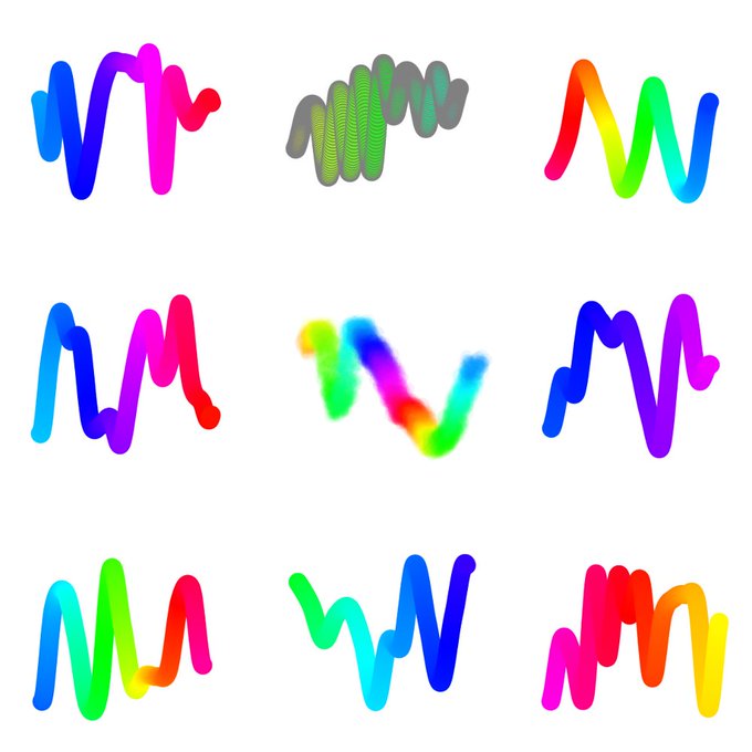 A 3x3 grid of nine colorful, gradient-hued wavy squiggles in varying colors and styles against a white background, representing Erick Calderon (Snowfro)'s original 2018 squiggle algorithm experiment that became the foundational vision for the Art Blocks generative art platform.
