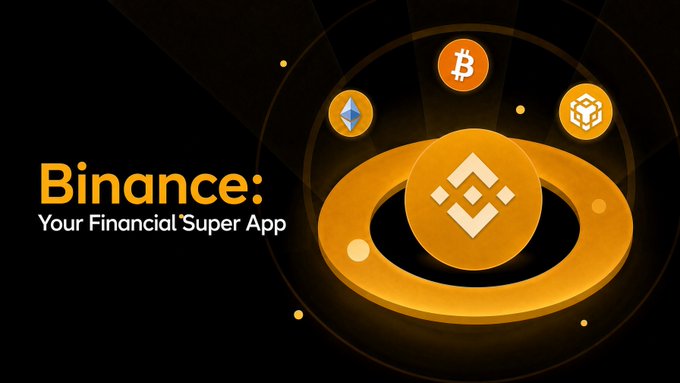 The image features a Binance promotional banner with the text "Binance: Your Financial Super App" alongside a large glowing Binance logo (BNB) encircled by Bitcoin (BTC), Ethereum (ETH), and BNB cryptocurrency icons against a dark background. It visually reinforces the post's message about consolidating all financial activities—from crypto trading to broader money management—within the single Binance ecosystem, eliminating the need for multiple apps.