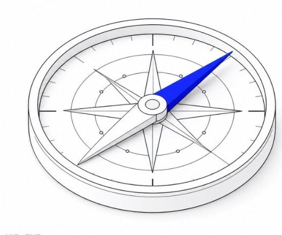 A compass with a blue needle pointing northeast symbolizes direction and finding true north amid ambiguity. It visually reinforces the post's message about seeking reliable navigation in contracts where human interpretation falls short, suggesting GenLayer's AI agents offer that clarity.