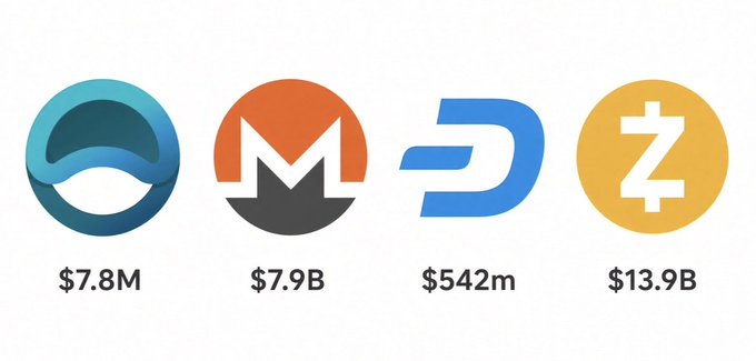 The image displays the logos and market capitalizations of four privacy-focused cryptocurrencies: Anytype ($ANONe) at $7.8M, Monero ($XMR) at $7.9B, Dash ($DASH) at $542m, and Zcash ($ZEC) at $13.9B. The graphic visually supports the post's emphasis on privacy coins as a key narrative worth monitoring amid growing regulatory attention on financial privacy.