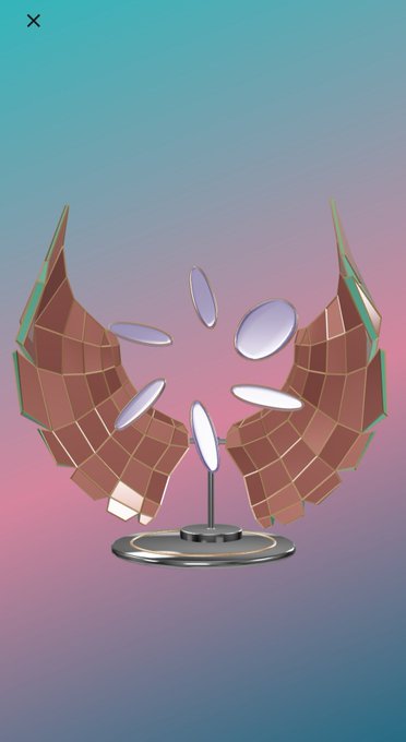 A 3D digital rendering of a display piece featuring curved, wing-like copper and teal segmented panels surrounding central oval mirrors on a silver stand, set against a soft gradient background.