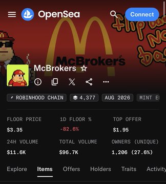 The image shows an OpenSea listing for the "McBrothers" NFT collection with a floor price of $3.35, which has dropped 82.6% in 24 hours with only $11.6K in volume, reflecting the post's disappointment about the project collapsing after its X (Twitter) account suspension—leaving the user unable to claim their promised $MCD share.