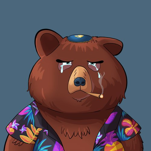 A digital illustration of a crying brown bear wearing a colorful Hawaiian shirt, with a small blue cap and a cigarette in its mouth.