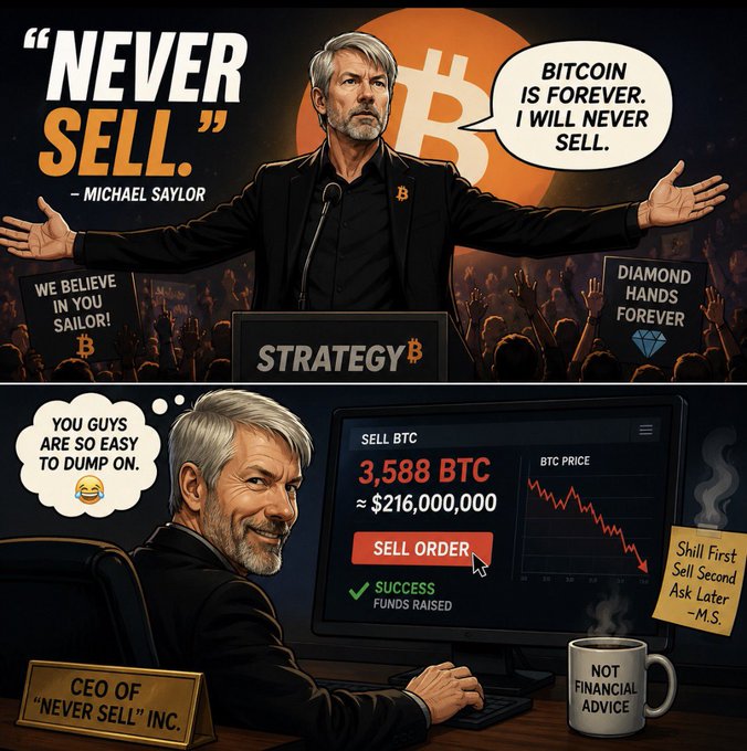 A satirical two-panel illustration mocking Michael Saylor's "Never Sell" Bitcoin stance: the top panel shows him declaring "BITCOIN IS FOREVER. I WILL NEVER SELL" to an adoring crowd at a "Strategy₿" event, while the bottom panel depicts him smirking as his computer executes a sell order for 3,588 BTC (~$216,000,000) with a sticky note reading "Shill First, Sell Second, Ask Later - M.S."—visually reinforcing the post's irony about preaching diamond hands while quietly liquidating holdings.