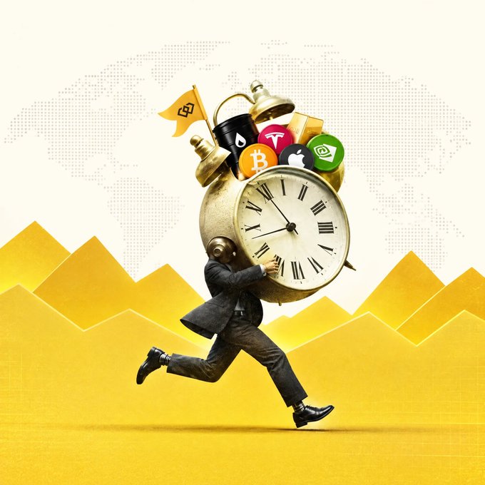 A businessman in a suit runs across a yellow landscape carrying a giant antique clock topped with crypto and tech logos (Bitcoin, Apple, Tesla, Ethereum), a flag, and oil droplets—visually capturing the "gm, let's go" rallying energy of a trader charging into the fast-moving crypto market.