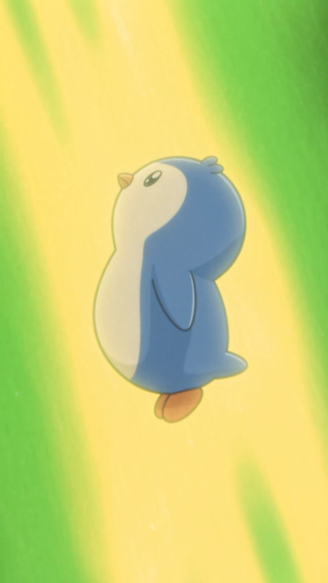 A simple, soft-edged illustration of a small blue and white penguin standing against a blurred background of green and yellow.