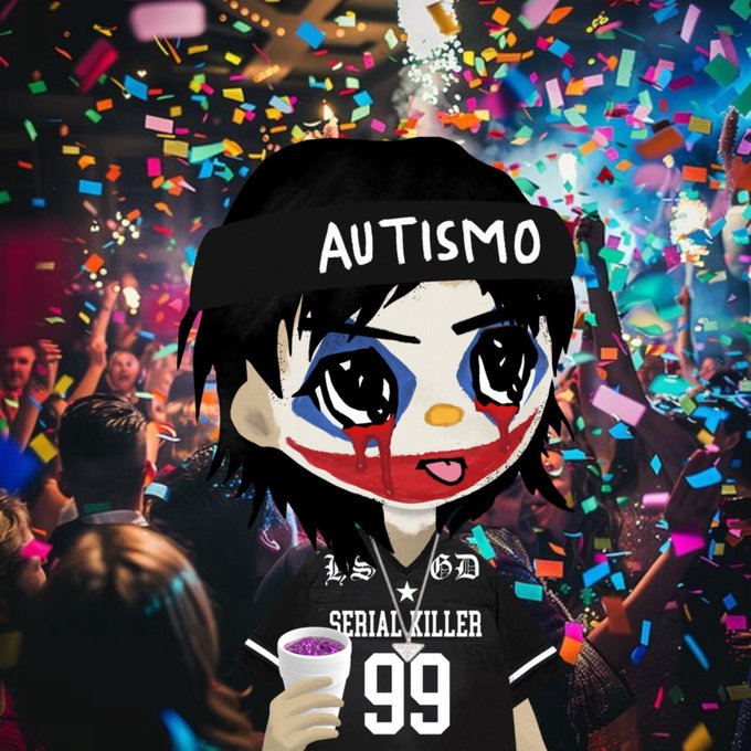 An anime-style character wearing a 'AUTISMO' beanie and a jersey reading 'SERIAL KILLER 99' with a creepy clown-like face, holding a purple drink at a confetti-filled party.