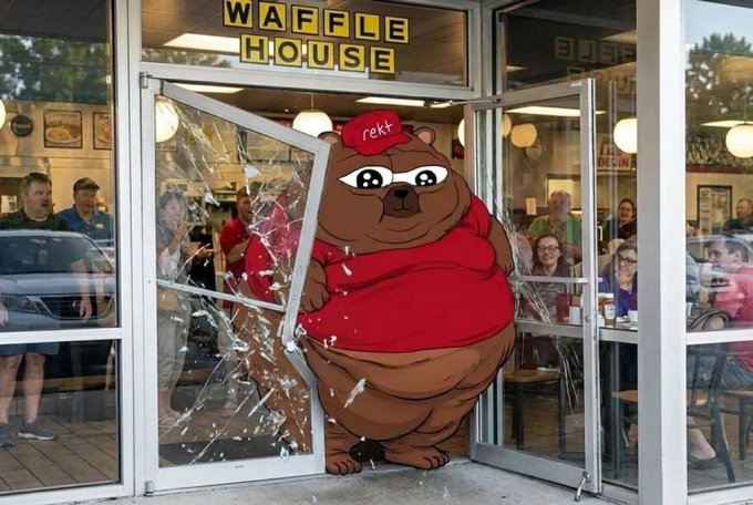 A cartoon bear wearing a red Waffle House uniform and hat bursts through the glass door of a Waffle House restaurant, while customers and employees inside watch the scene.