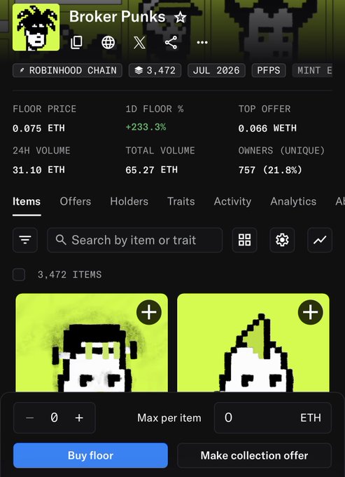 A screenshot of the "Broker Punks" NFT collection on Robinhood Chain, showing 3,472 items with a floor price of 0.075 ETH, displaying two punk-style pixel art avatars.