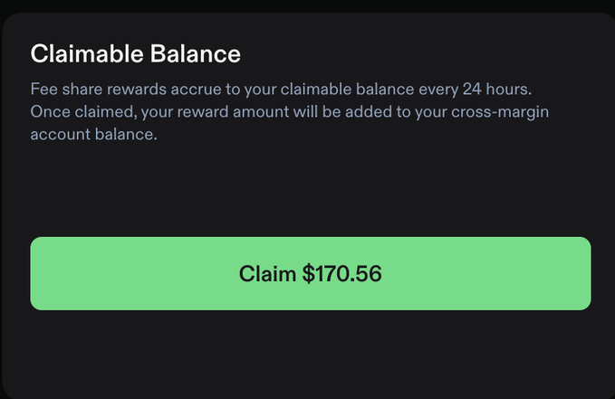 A dark-themed interface displays a "Claimable Balance" section indicating that fee share rewards accrue every 24 hours, with a prominent green button to "Claim $170.56." The image reinforces the post about a successful $15k pool trade on PhoenixTrade by showcasing the rewards earned from the activity.