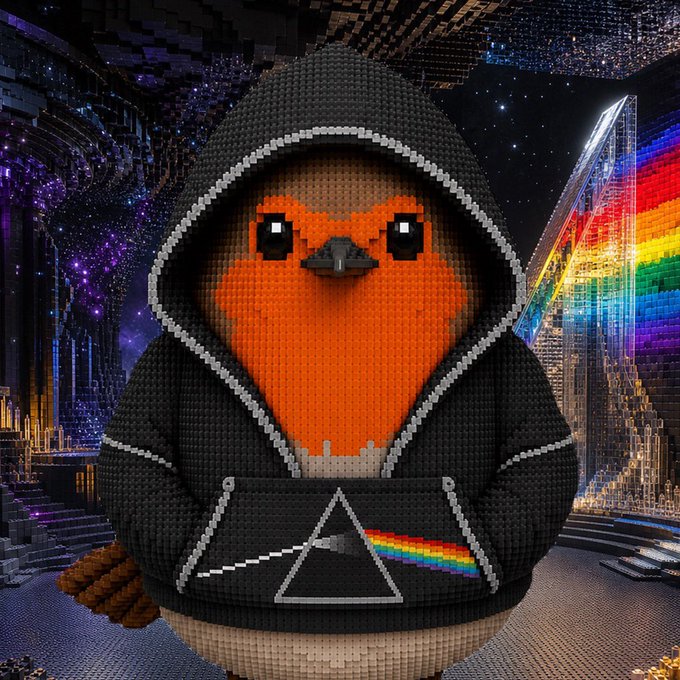 The image depicts a robin's breast with sunglasses, surrounded by LEGO bricks, in a black hoodie with the iconic Pink Floyd "Dark Side of the Moon" design, set against a cosmic backdrop with a cityscape and rainbow, while the caption "Make NFTs great again" underscores the image's playful merging of avian nature, digital art, and the symbolism of crypto collections.