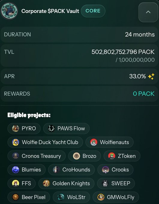 A dashboard showing a 'Corporate $PACK Vault' with 24 months duration, 502,802,752.796 PACK TVL, 33.0% APR, and a list of eligible projects including PYRO, PAWS Flow, Wolfie Duck Yacht Club, and others.