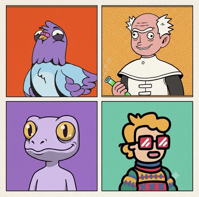 Four-panel cartoon featuring a purple bird, a bald scientist with a telescope, a pale lizard/gecko, and a blonde character with red sunglasses.