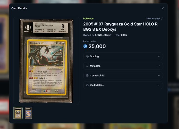 A digital card vault displaying a 2005 Pokemon '2005 #107 Rayquaza Gold Star HOLO R BGS 8 EX Deoxys' card with an insured value of 25,000.