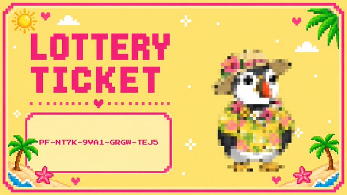 A pixel-art lottery ticket design with a tropical penguin character wearing a Hawaiian shirt and hat, featuring the code 'PF-NT7K-9VA1-GRGW-TEJ5'.