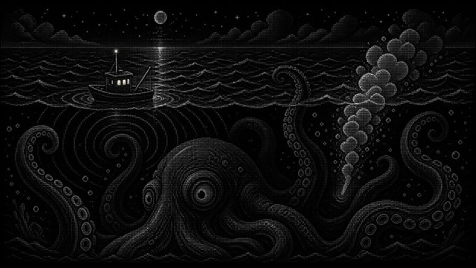 A lone fishing boat floats on a moonlit sea while a massive kraken emerges from the depths below, its tentacles rising alongside a column of bubbles, perfectly visualizing the "Fart Kraken" surfacing theme of the $FKRAK meme post.