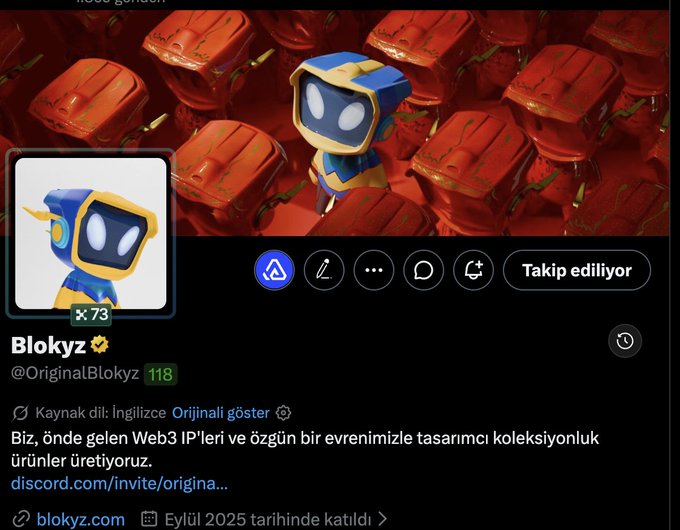 A screenshot of the Blokyz (@OriginalBlokyz) Twitter/X profile, featuring a blue and yellow robot character on a background of red cubes, which the post references for an upcoming NFT mint using multiple wallets to try securing an allocation.