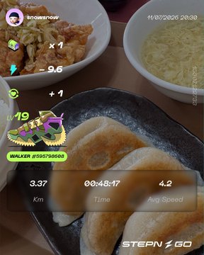A screenshot of a Pokémon GO walk summary showing 3.37 km in 48:17 (4.2 avg speed) overlaid on a photo of food including fried chicken, egg drop soup, and a meat bun.