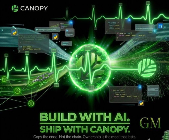 A promotional graphic for Canopy with the text 'BUILD WITH AI. SHIP WITH CANOPY.' and the tagline 'Copy the code. Not the chain. Ownership is the moat that lasts,' featuring green heartbeat lines and code snippets.