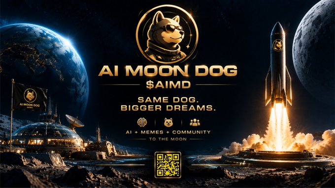 A promotional graphic for 'AI MOON DOG' ($AIMD) cryptocurrency featuring a dog in an astronaut helmet, a rocket launch, Earth and moon, and text reading 'SAME DOG. BIGGER DREAMS.'
