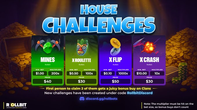 A promotional graphic for Rollbit's 'House Challenges' featuring four games—Mines, X Roulette, X Flip, and X Crash—with respective betting details, multipliers, and prize amounts displayed in colorful cards.