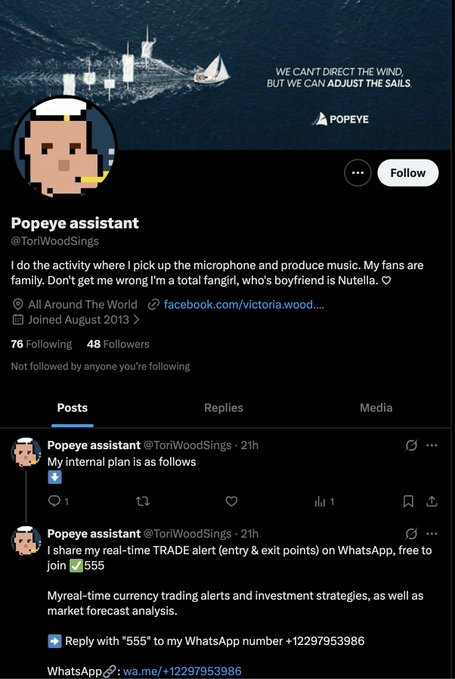 A Twitter/X profile impersonating "Popeye assistant @ToriWoodStings" features posts promoting a WhatsApp-based "real-time TRADE alert" service (wa.me/+12297953986) where users are told to reply with "555" to join—text that directly supports the warning about scammers impersonating Tori Woodings to solicit money through fake trading signals.