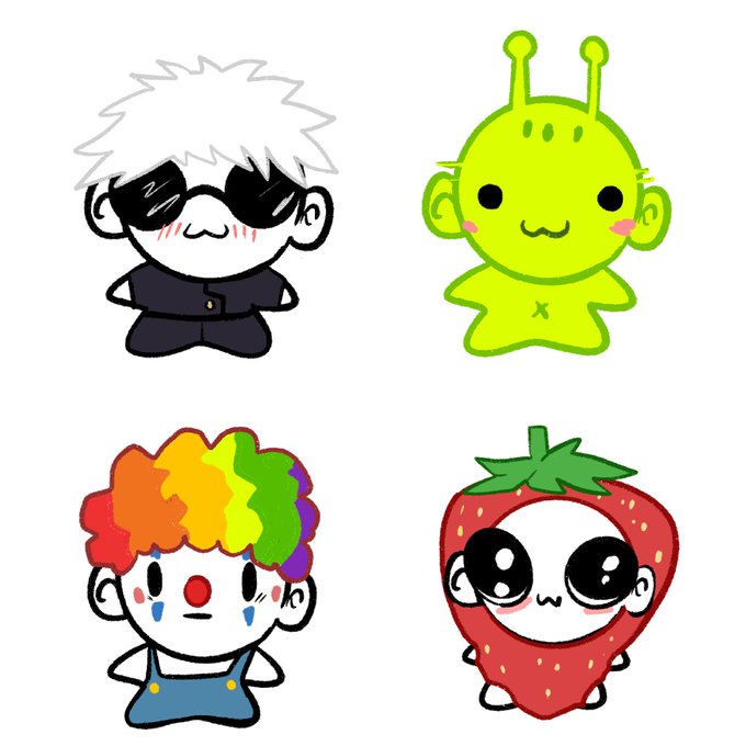 Four cartoon-style character illustrations in a grid: a boy with white hair and sunglasses, a green alien-like creature, a clown with rainbow hair, and a character dressed as a strawberry.