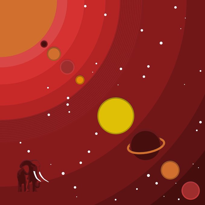 A minimalist illustration depicts a mammoth-like creature in the lower-left corner gazing across a red cosmic scene filled with planets, stars, and a large yellow sphere.