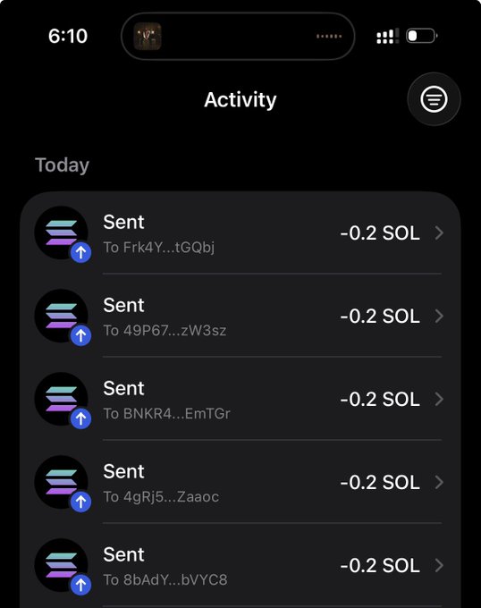 A mobile phone screenshot showing an "Activity" page on a Solana wallet, displaying 5 "Sent" transactions of -0.2 SOL each to various wallet addresses (Frk4Y...tGQbj, 49P67...zW3sz, BNKR4...EmTGr, 4gRj5...Zaaoc, 8bAdY...bVYC8), likely confirming the 1 SOL giveaways (5 × 0.2 SOL) sent to the winners @fwflexxi, @mambaxvp, @Ade_053, @codenameivar, and @ucmorgan01.