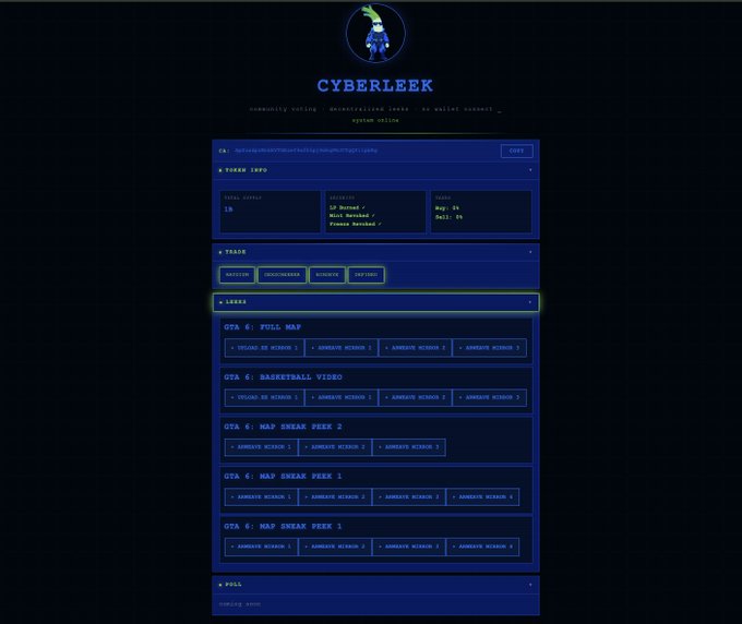 A "CYBERLEEK" platform interface displays leaked GTA 6 content including GTA 6: Full Map, GTA 6: Basketball Video, and multiple GTA 6: Map Sneak Peek entries, each containing annotated versions, with the Solana memecoin contract address "HQzcsqjKnMxCWbUmRdfTwBHgqPMg6fTVQgFLysgsMp" featured in the top left header, tying into the post about hackers leaking GTA 6 footage watermarked with a memecoin CA that's reportedly trading at a 1.5mil market cap.