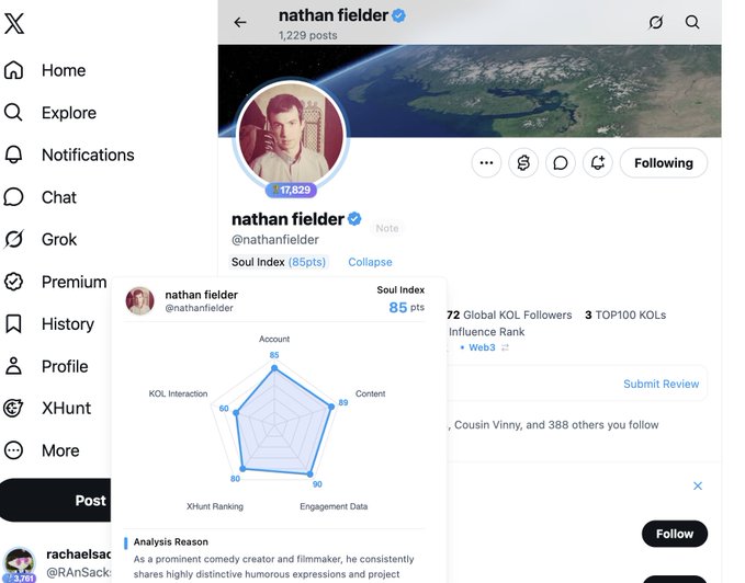 A screenshot of an X (Twitter) profile for verified user 'nathan fielder' (@nathanfielder), displaying 1,229 posts, 17,829 followers, and a Soul Index score of 85 pts via a radar chart.