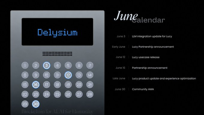 The image features a calendar with the name "Delysium" written on it, along with the dates of June 3rd through June 12th. The calendar also includes details about an event scheduled for June 3rd, which appears to be related to Lucy's integration update. Additionally, there is a list of events that will take place in late June and early July, including a product release and a partnership announcement.