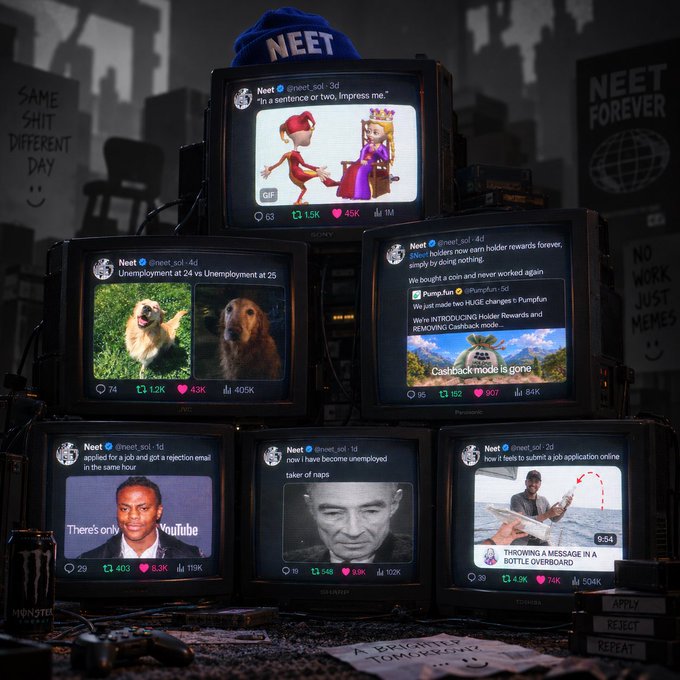 A stack of old CRT televisions displaying various humorous tweets from 'Neet', with handwritten signs in the background reading 'SAME SHIT DIFFERENT DAY' and 'NO WORK JUST MEMES'.