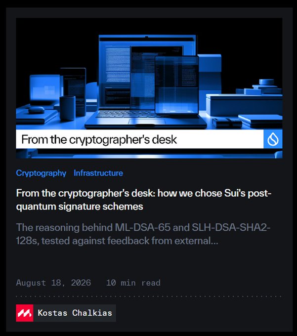 The image is a blog post thumbnail titled "From the cryptographer's desk: how we chose Sui's post-quantum signature schemes," authored by Kostas Chalkias and dated August 18, 2026, under Cryptography and Infrastructure categories. It features a blue-tinted graphic of devices displaying code, aligning with the post's discussion of Sui's technical approach to quantum computing preparedness through ML-DSA-65 and SLH-DSA-SHA2-128s signature schemes.