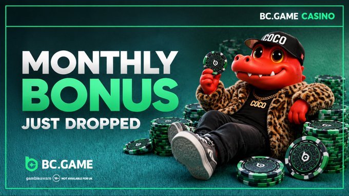 A BC.GAME Casino advertisement featuring a red crocodile mascot in a 'COCO' cap and leopard-print jacket surrounded by chips, with text 'MONTHLY BONUS JUST DROPPED' and a 'gambleaware' notice.