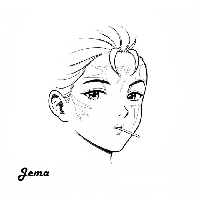 A black and white line drawing of a woman's face with facial markings, holding a thin stick in her mouth, with the name 'Jema' written in cursive at the bottom left.