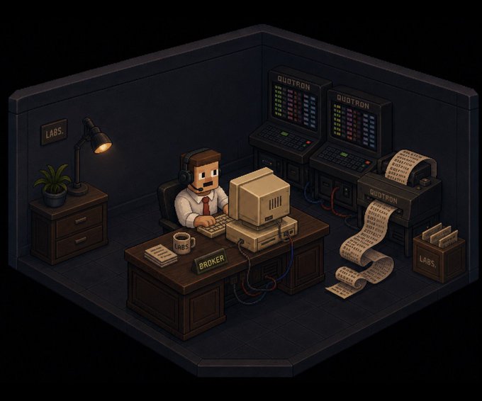 A pixel-art broker with a mustache sits at a desk labeled "BROKER," working at an old computer with a "LABS" sign and coffee mug nearby, alongside QUOTRON monitors printing endless streams of data. The image visually reflects the post's theme of sorting through countless DMs, portraying the team member as a busy "broker" managing high-volume communications with other communities.