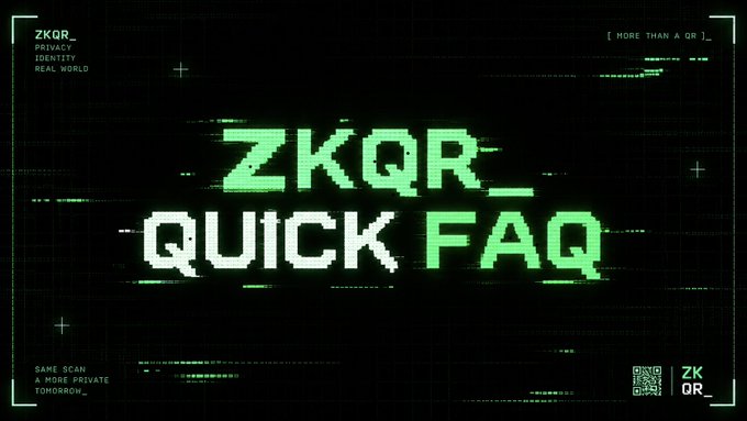 A glitch-effect graphic reading 'ZKQR_ QUICK FAQ' in green and white pixelated text against a black background with a QR code.