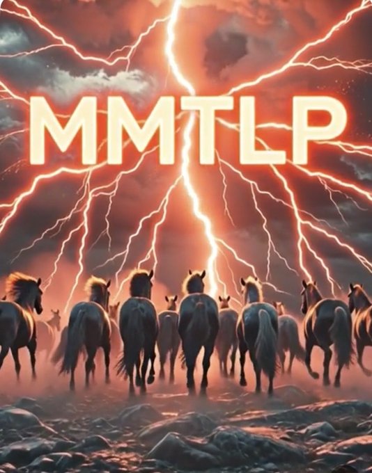 A dramatic AI-generated image showing a herd of horses from behind, running toward a stormy sky filled with branching lightning, with the bold glowing letters 'MMTLP' overlaid in the center.