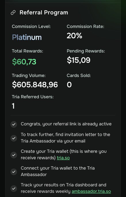 The image shows a phone screen displaying information about trading volume, including the number of trading cards sold and the total rewards received. The phone's screen also displays a message congratulating the user for their trading activity and inviting them to connect with the Tria Ambassador via email or social media.